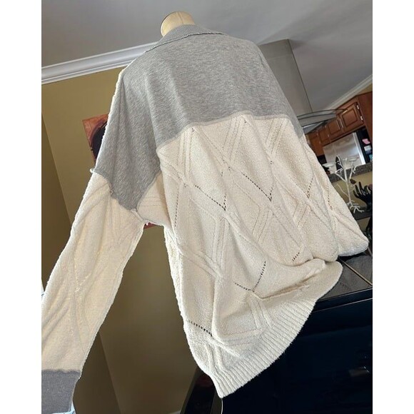 Free People Cream & Gray Mixed Media Olympia Cableknit Sweater Tunic Oversized - Picture 10 of 12